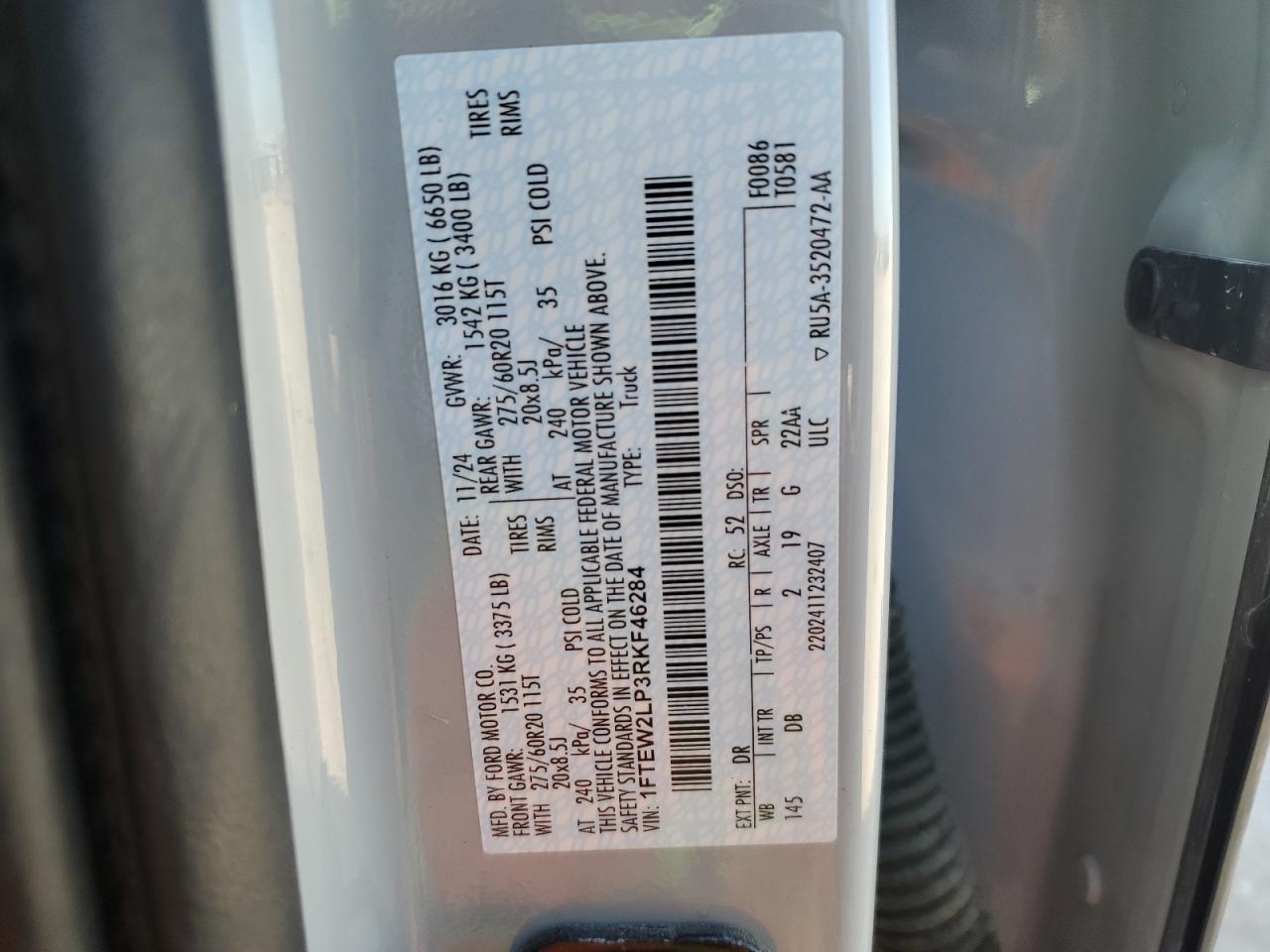 2024 Ford F150 Stx VIN: 1FTEW2LP3RKF6284 Lot: 86787975