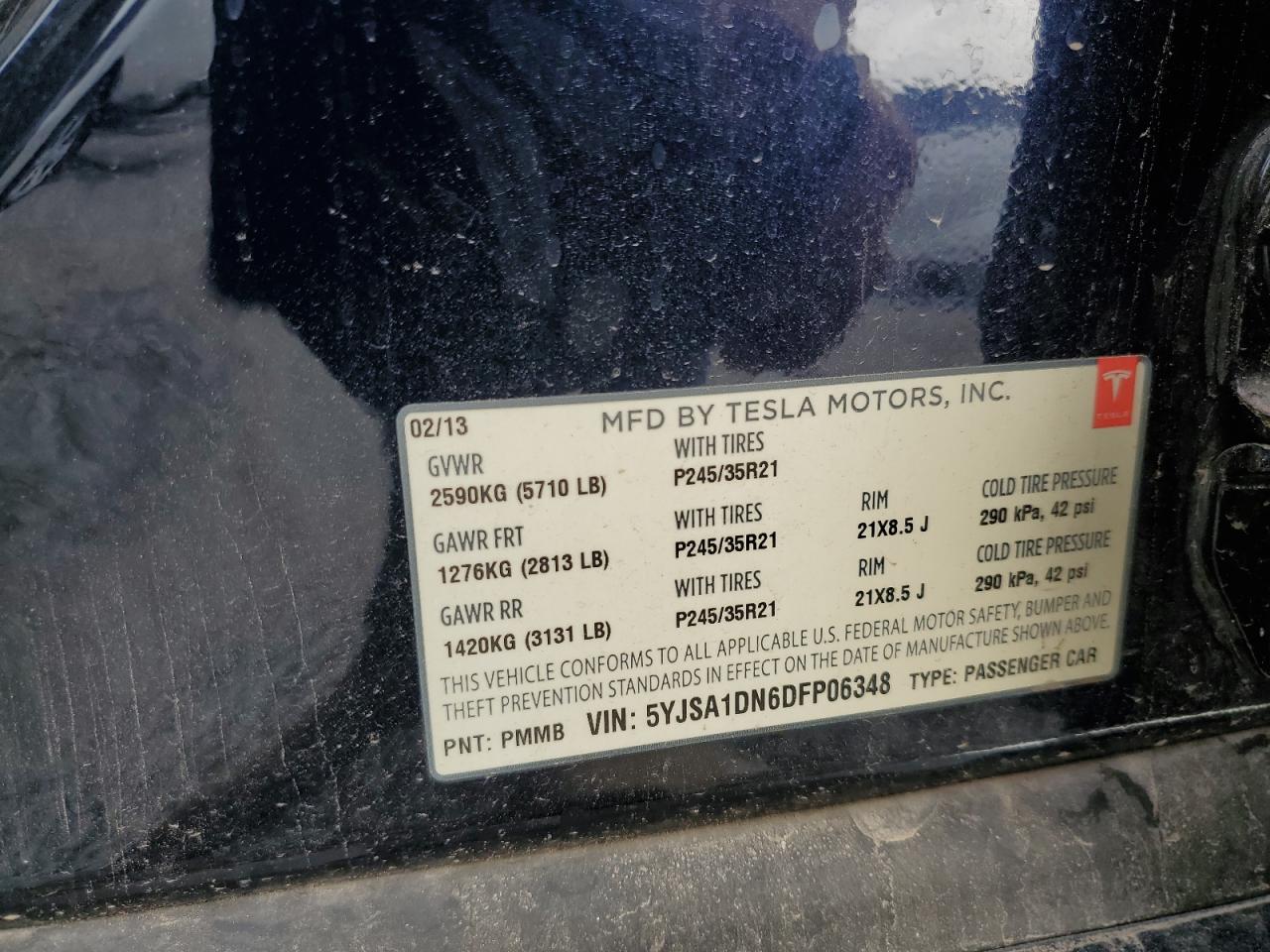 2013 Tesla Model S VIN: 5YJSA1DN6DFP06348 Lot: 85906335