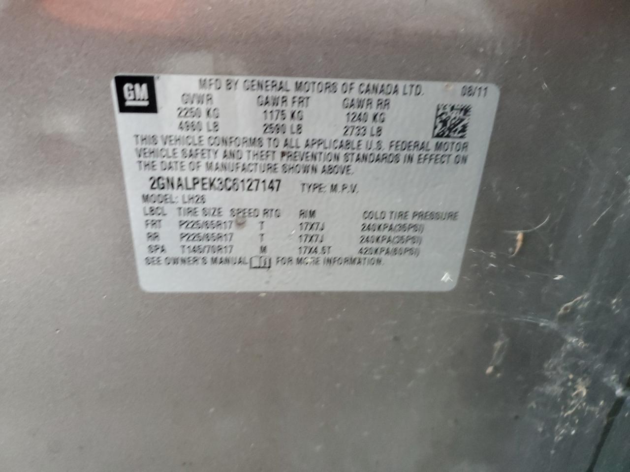 2012 Chevrolet Equinox Lt VIN: 2GNALPEK3C6127147 Lot: 85955135