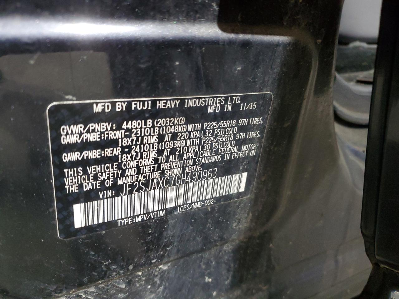 2016 Subaru Forester 2.5I Touring VIN: JF2SJAXC7GH490963 Lot: 85651375