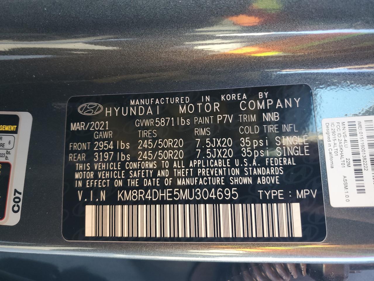 2021 Hyundai Palisade Sel VIN: KM8R4DHE5MU304695 Lot: 86823195