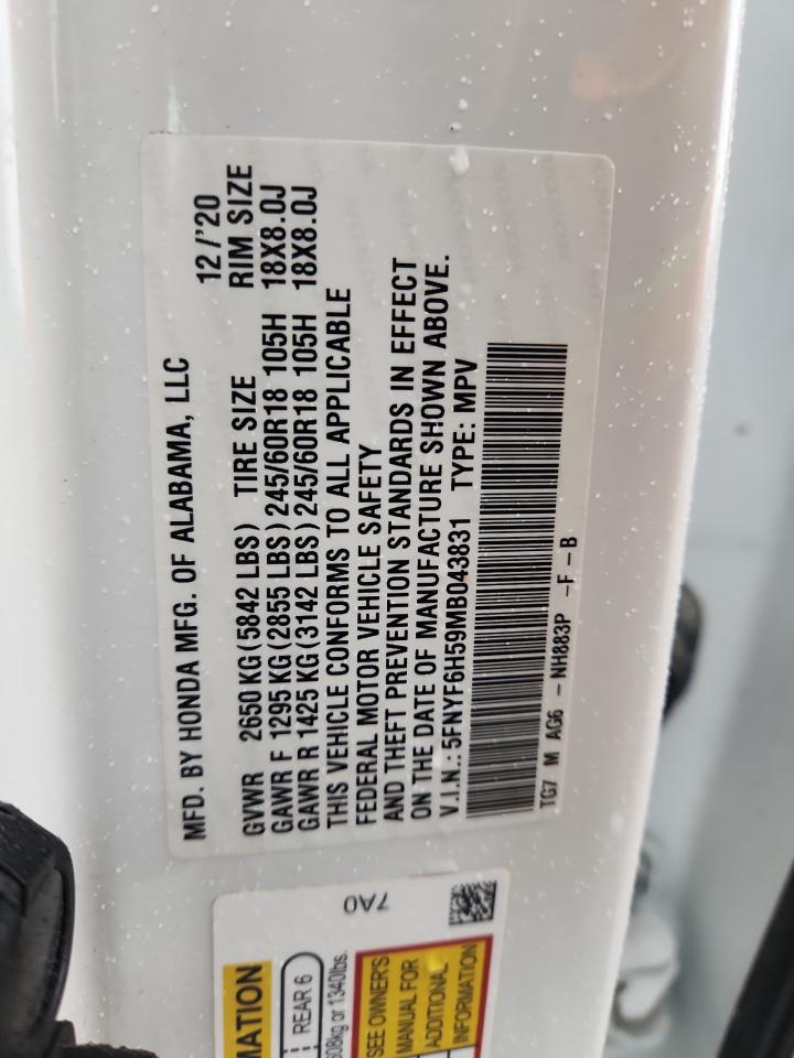 2021 Honda Pilot Exl VIN: 5FNYF6H59MB043831 Lot: 90461025