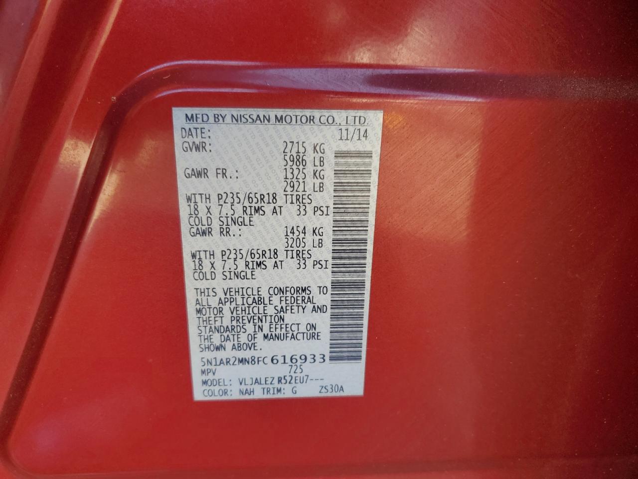 2015 Nissan Pathfinder S VIN: 5N1AR2MN8FC616933 Lot: 84293405