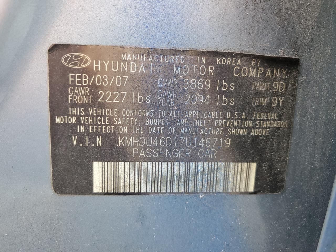 2007 Hyundai Elantra Gls VIN: KMHDU46D17U146719 Lot: 85801305