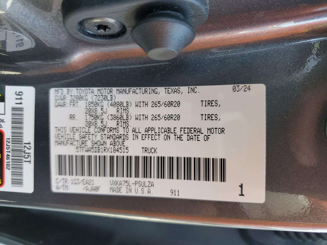 2024 Toyota Tundra Crewmax Limited VIN: 5TFWA5DB1RX184515 Lot: 81889015