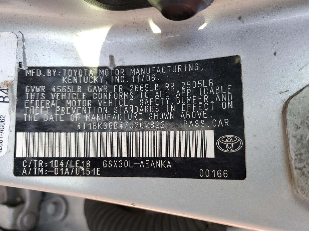 2007 Toyota Avalon Xl VIN: 4T1BK36B47U202822 Lot: 81480565