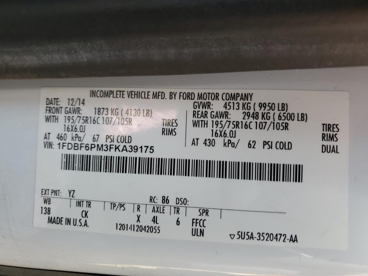 2015 Ford Transit T-350 Hd VIN: 1FDBF6PM3FKA39175 Lot: 85172975