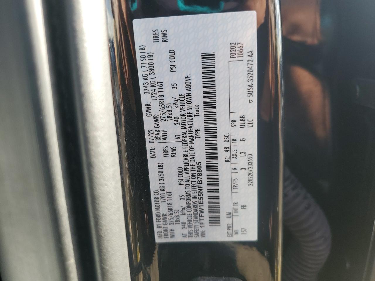 2022 Ford F150 Supercrew VIN: 1FTFW1E55NFB78865 Lot: 82301815