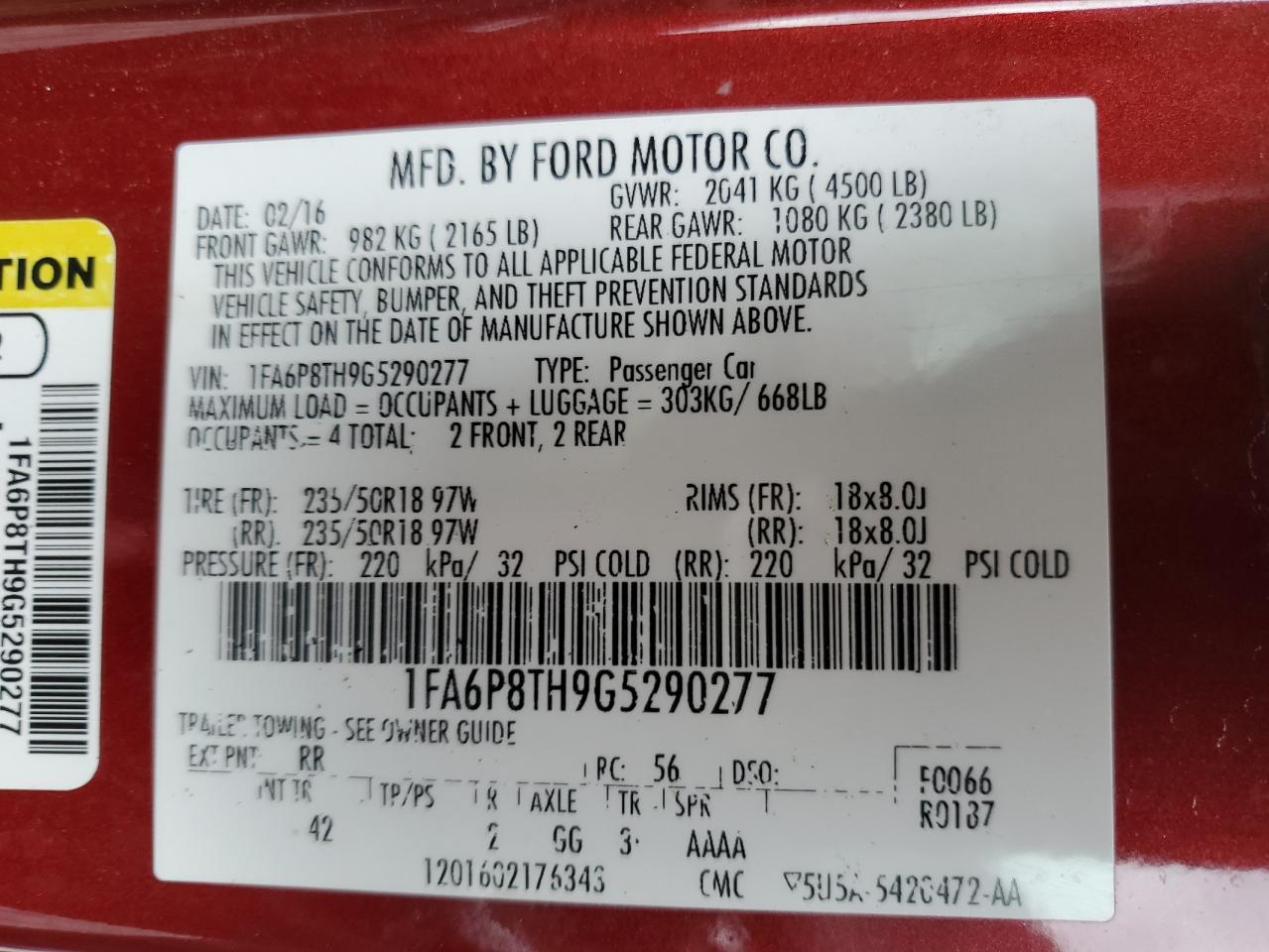 2016 Ford Mustang VIN: 1FA6P8TH9G5290277 Lot: 89631605