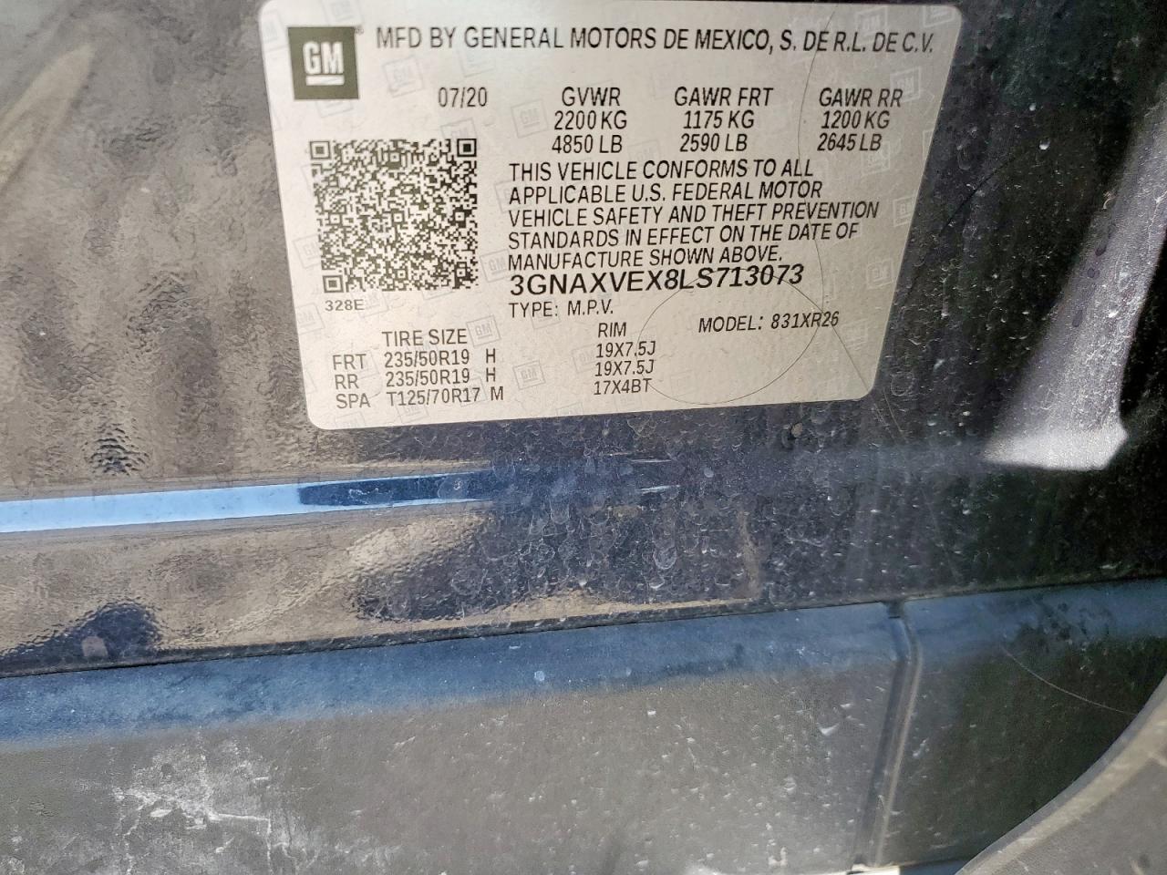 2020 Chevrolet Equinox Lt VIN: 3GNAXVEX8LS713073 Lot: 86295005