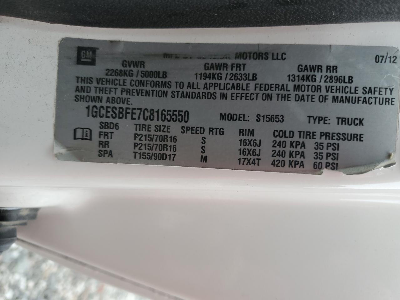 2012 Chevrolet Colorado VIN: 1GCESBFE7C8165550 Lot: 82235725