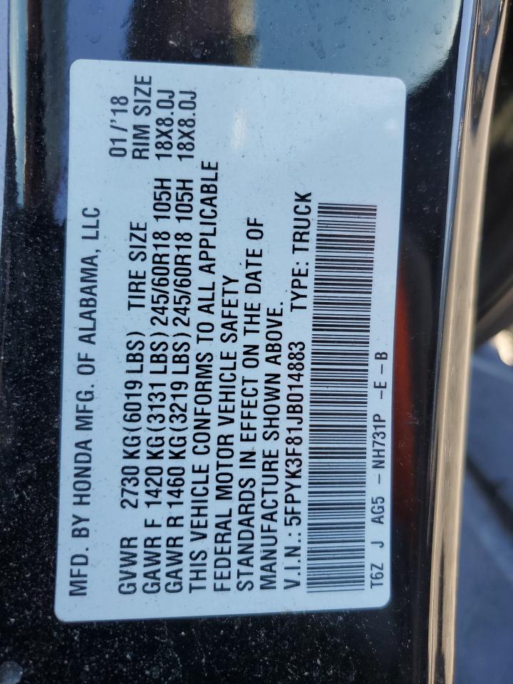 2018 Honda Ridgeline Black Edition VIN: 5FPYK3F81JB014883 Lot: 84952305