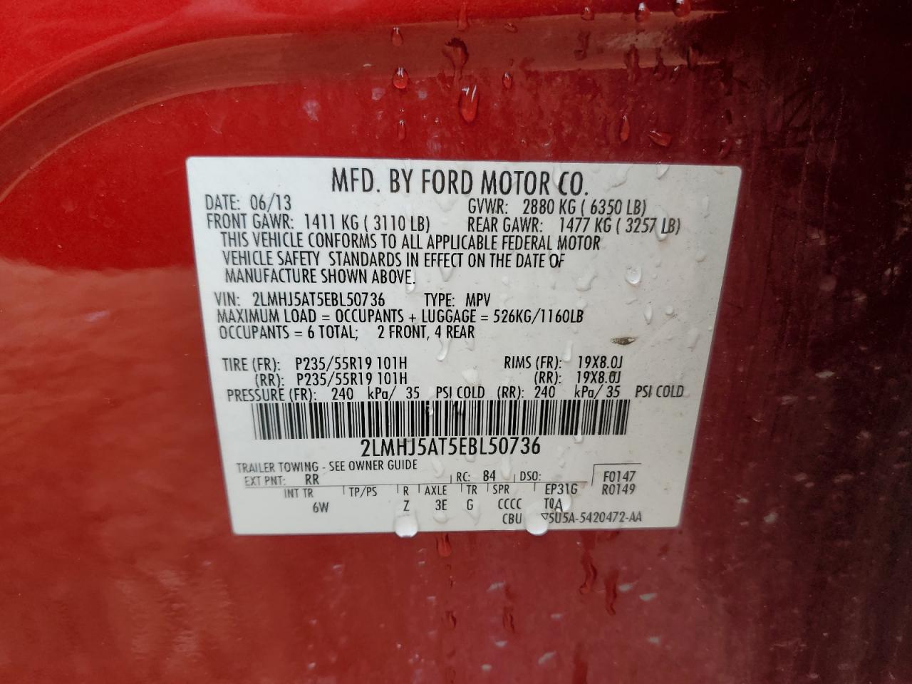 2014 Lincoln Mkt VIN: 2LMHJ5AT5EBL50736 Lot: 89554255