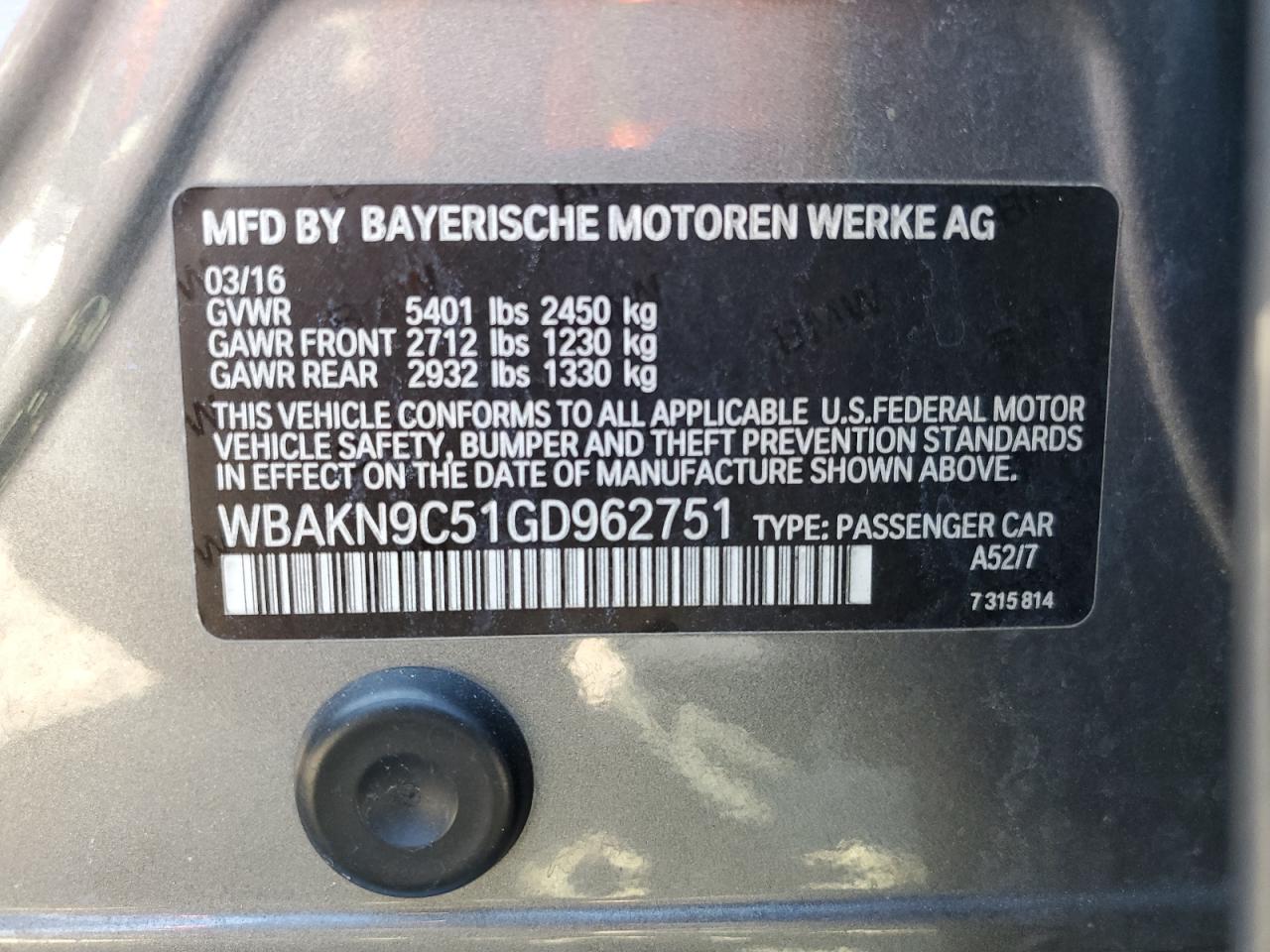 2016 BMW 550 I VIN: WBAKN9C51GD962751 Lot: 84439695