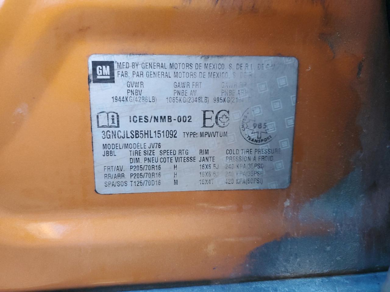 2017 Chevrolet Trax 1Lt VIN: 3GNCJLSB5HL151092 Lot: 85751605