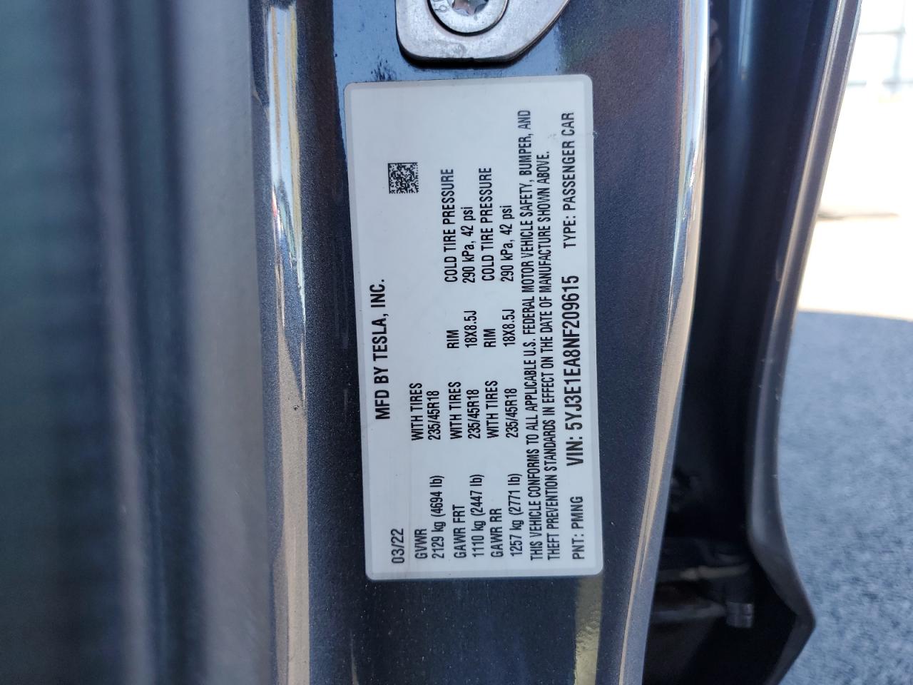 2022 Tesla Model 3 VIN: 5YJ3E1EA8NF209615 Lot: 89894355