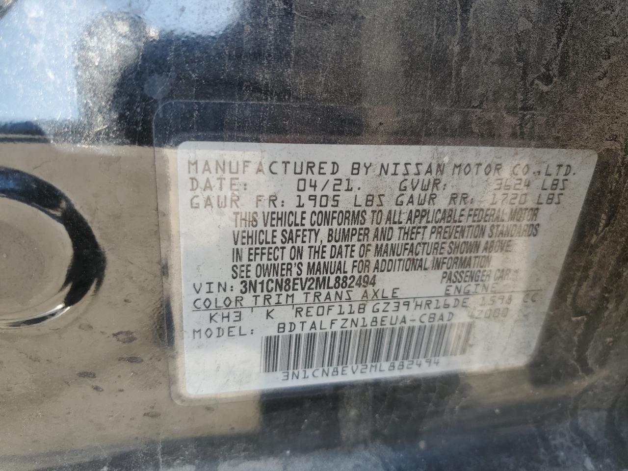 2021 Nissan Versa Sv VIN: 3N1CN8EV2ML882494 Lot: 85508025