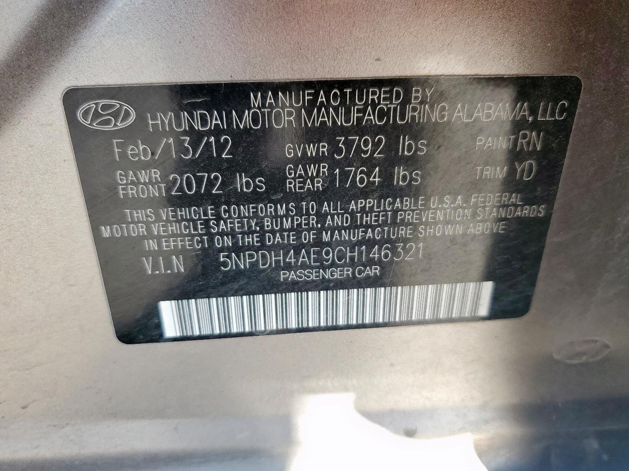 2012 Hyundai Elantra Gls VIN: 5NPDH4AE9CH146321 Lot: 86182815