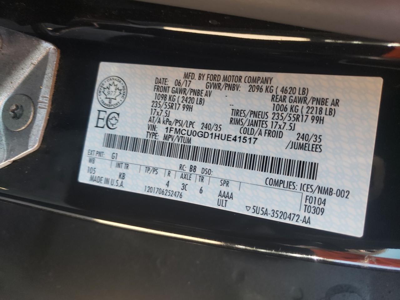 2017 Ford Escape Se VIN: 1FMCU0GD1HUE41517 Lot: 85311655
