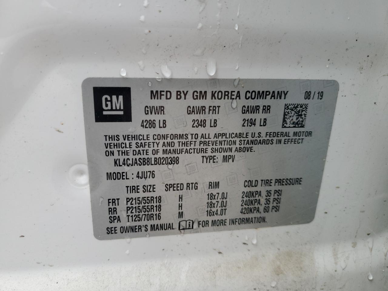 2020 Buick Encore Preferred VIN: KL4CJASB8LB020398 Lot: 90472205