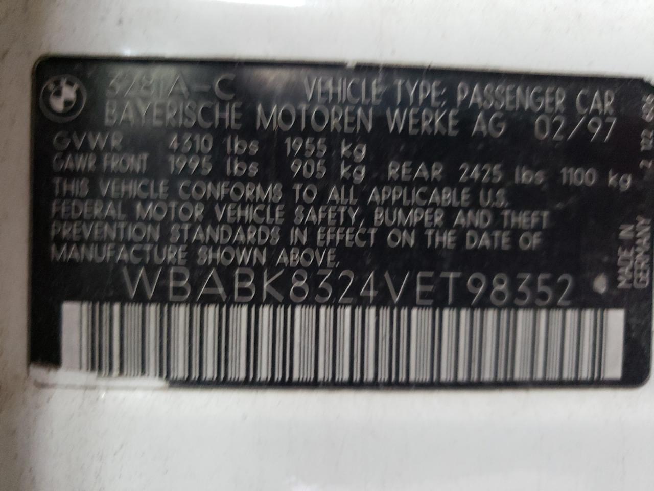 1997 BMW 328 Ic Automatic VIN: WBABK8324VET98352 Lot: 84574225