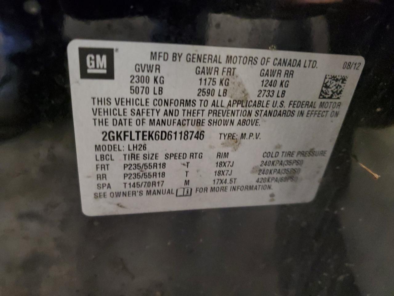 2013 GMC Terrain Sle VIN: 2GKFLTEK6D6118746 Lot: 86511405