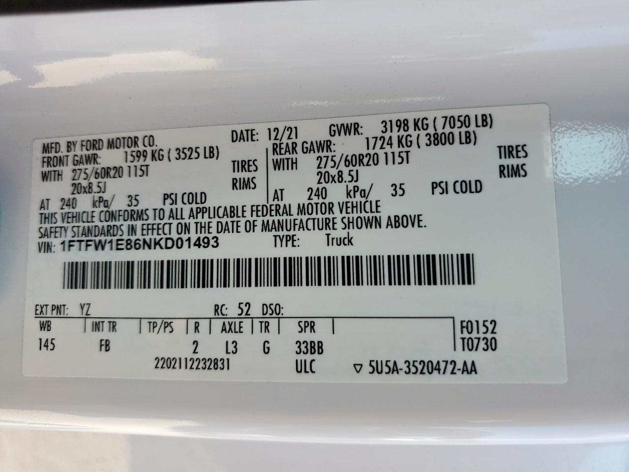 2022 Ford F150 Supercrew VIN: 1FTFW1E86NKD01493 Lot: 84778745