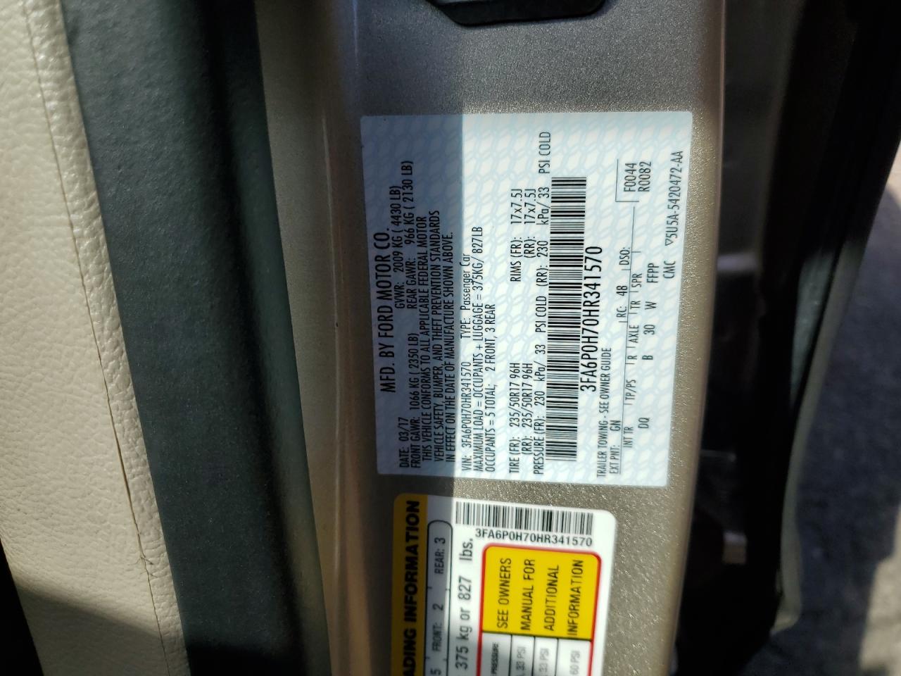 2017 Ford Fusion Se VIN: 3FA6P0H70HR341570 Lot: 85865385