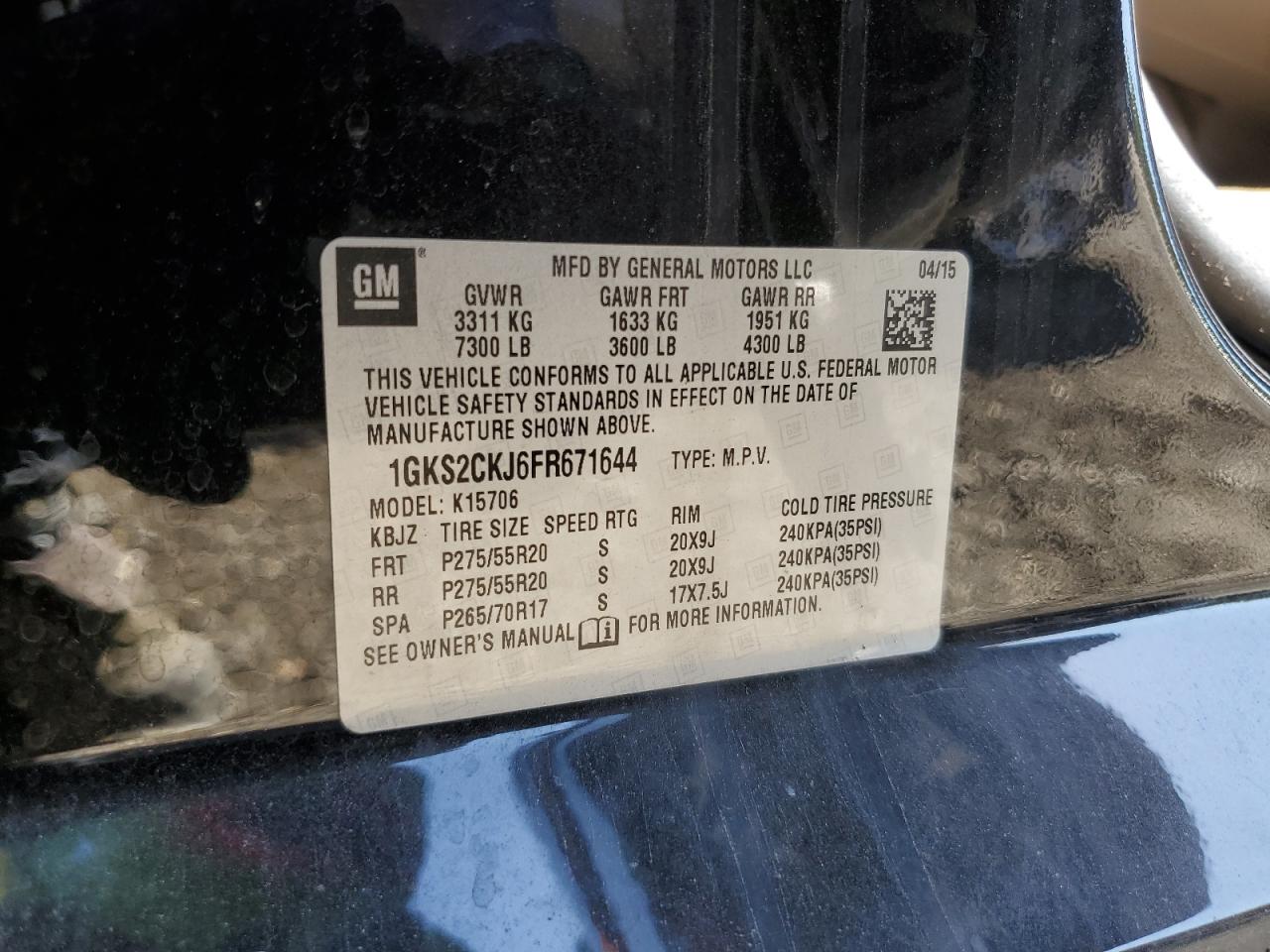 2015 GMC Yukon Denali VIN: 1GKS2CKJ6FR671644 Lot: 84695785