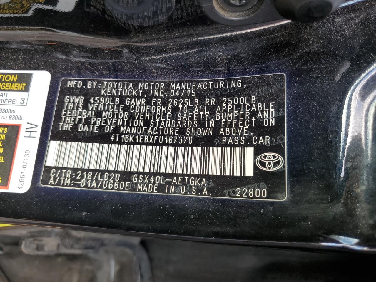 2015 Toyota Avalon Xle VIN: 4T1BK1EBXFU167370 Lot: 86146275