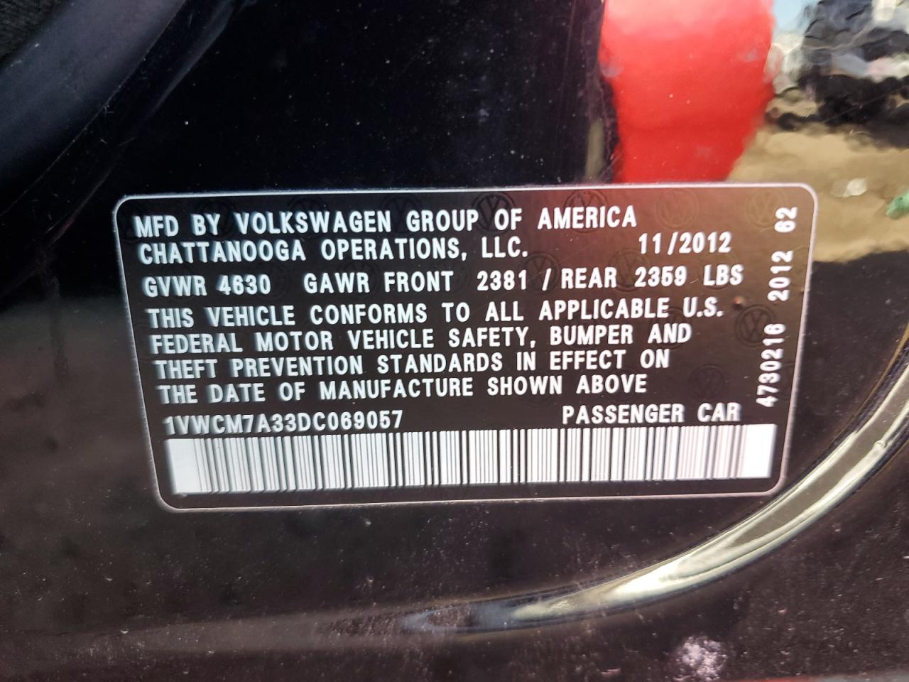 2013 Volkswagen Passat Sel VIN: 1VWCM7A33DC069057 Lot: 85385315