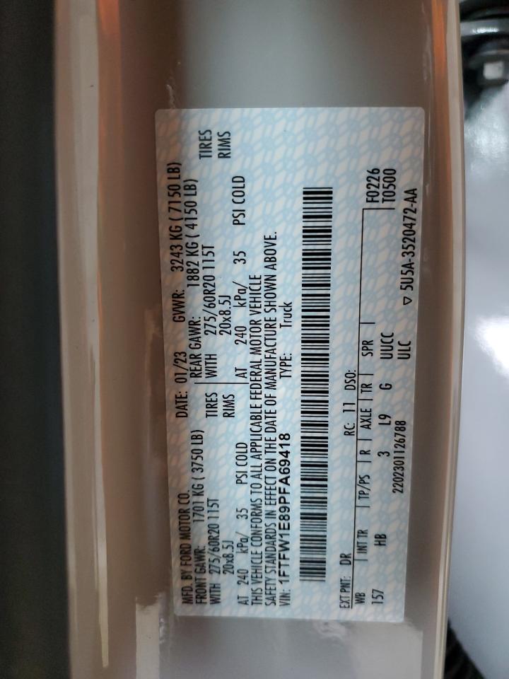 2023 Ford F150 Supercrew VIN: 1FTFW1E89PFA69418 Lot: 81982995