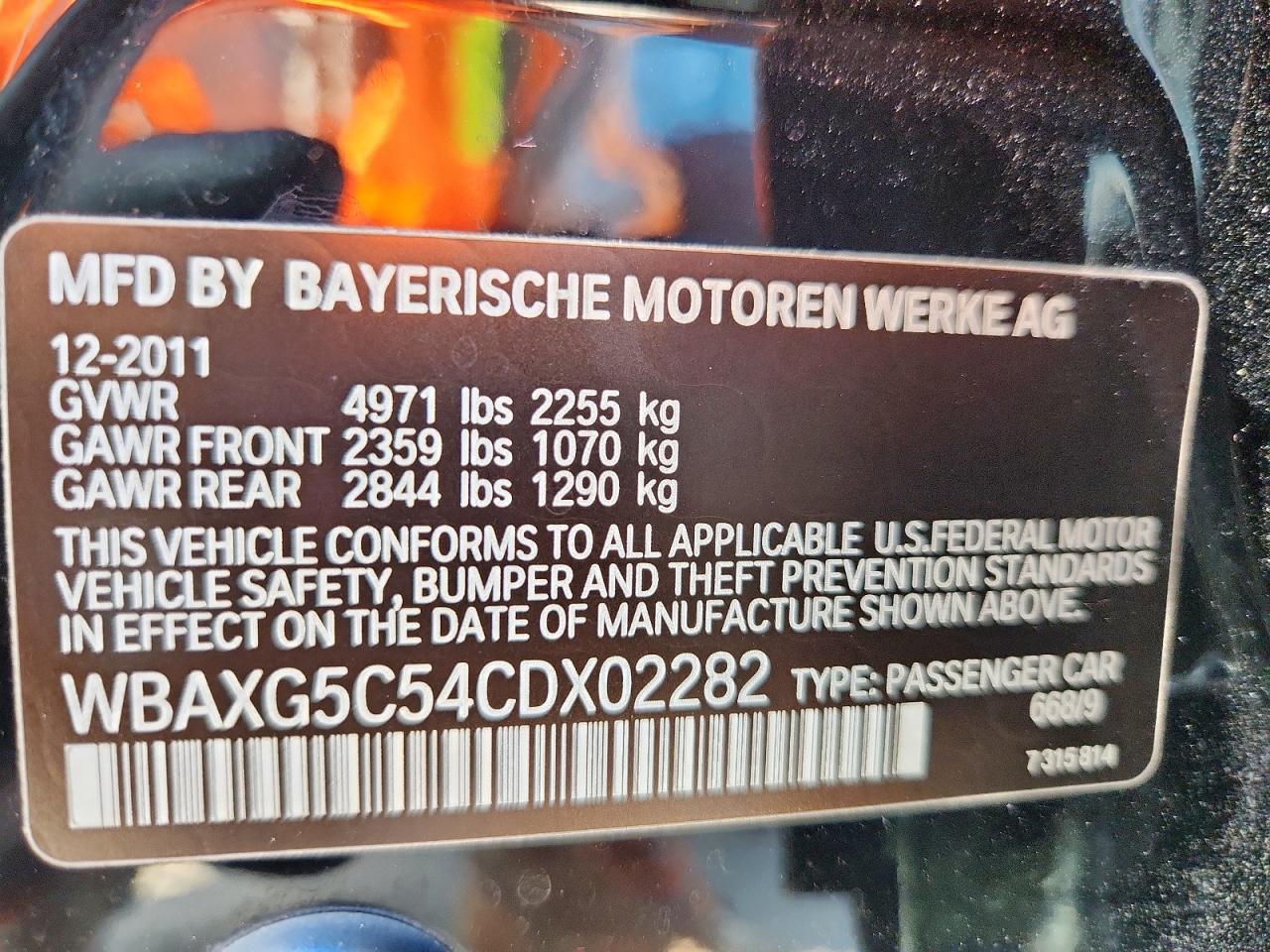 2012 BMW 528 I VIN: WBAXG5C54CDX02282 Lot: 85930945
