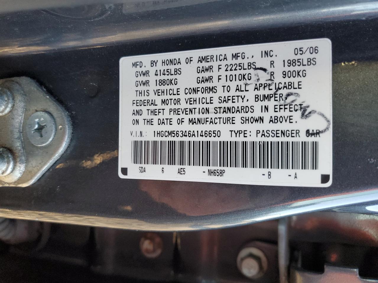 2006 Honda Accord Se VIN: 1HGCM56346A146650 Lot: 86653155