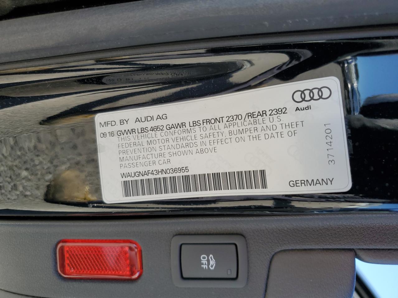 2017 Audi A4 Premium VIN: WAUGNAF43HN036955 Lot: 87053855