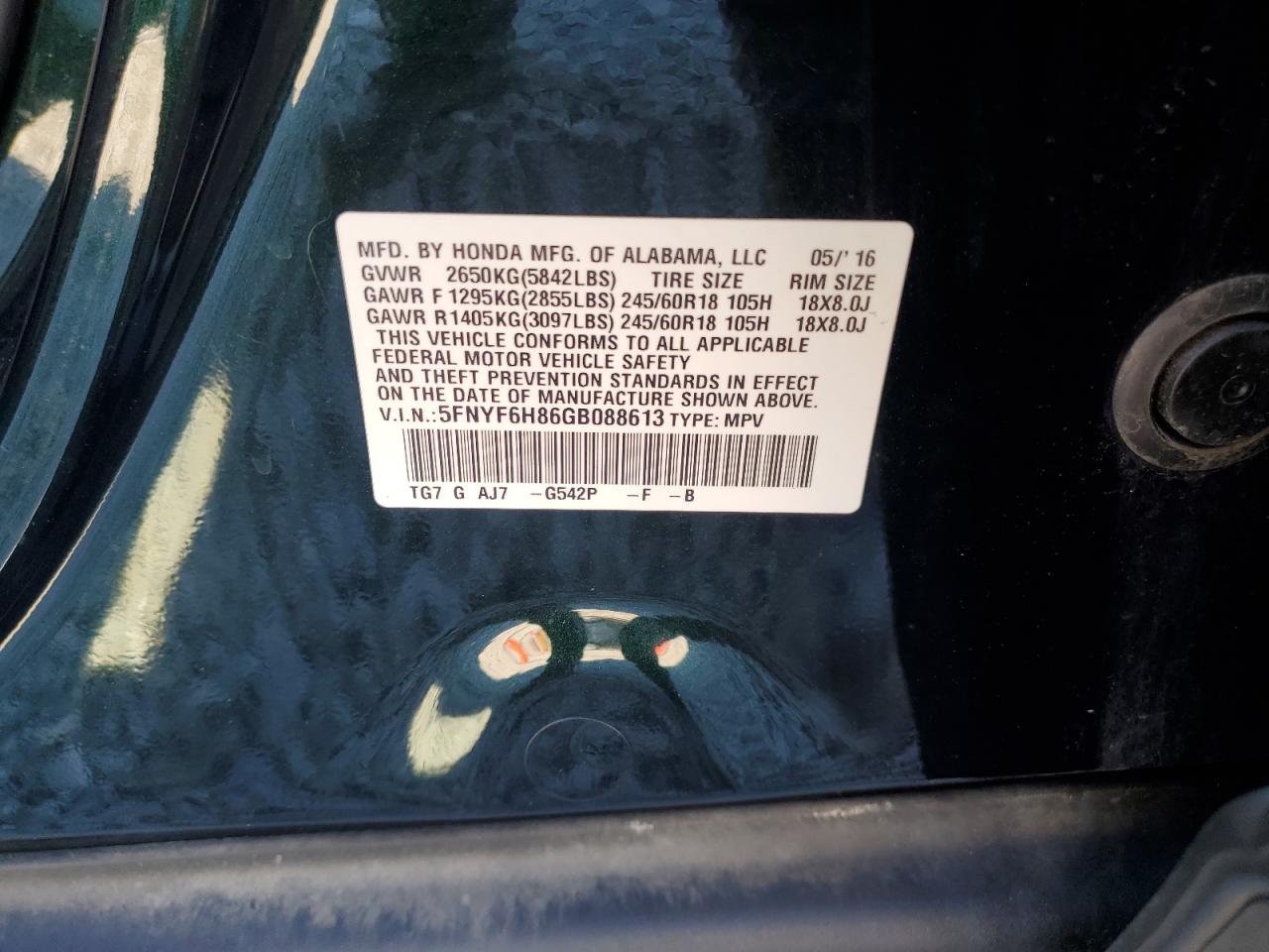 2016 Honda Pilot Exl VIN: 5FNYF6H86GB088613 Lot: 89478855