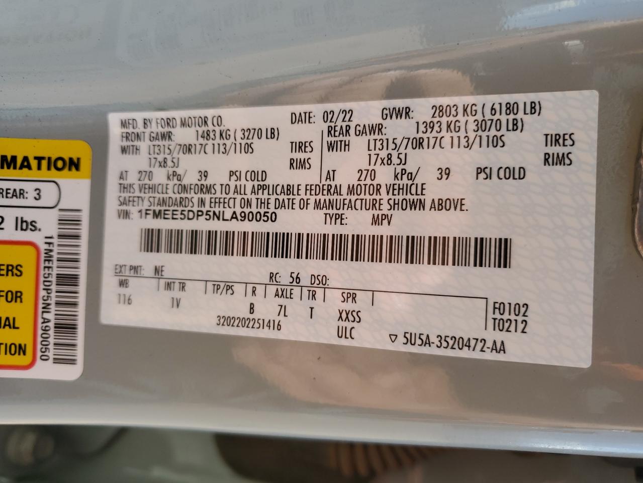 2022 Ford Bronco Base VIN: 1FMEE5DP5NLA90050 Lot: 85838215