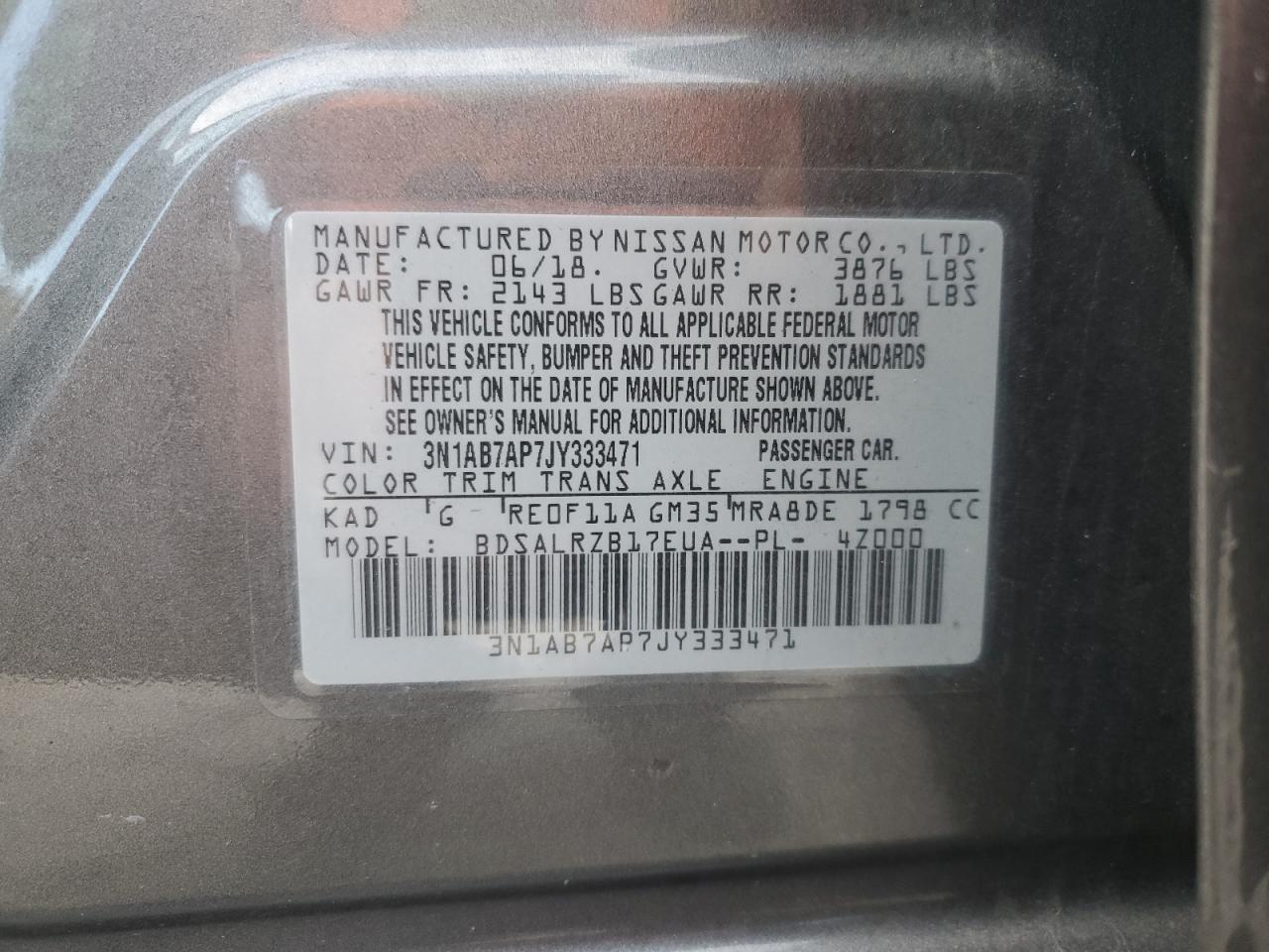 2018 Nissan Sentra S VIN: 3N1AB7AP7JY333471 Lot: 85763875