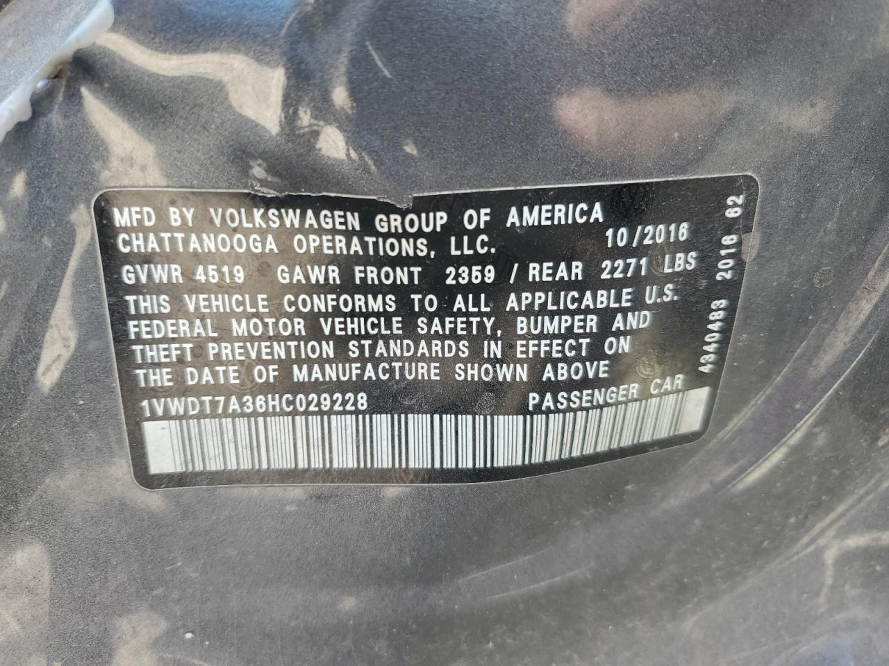 2017 Volkswagen Passat R-Line VIN: 1VWDT7A36HC029228 Lot: 89503745