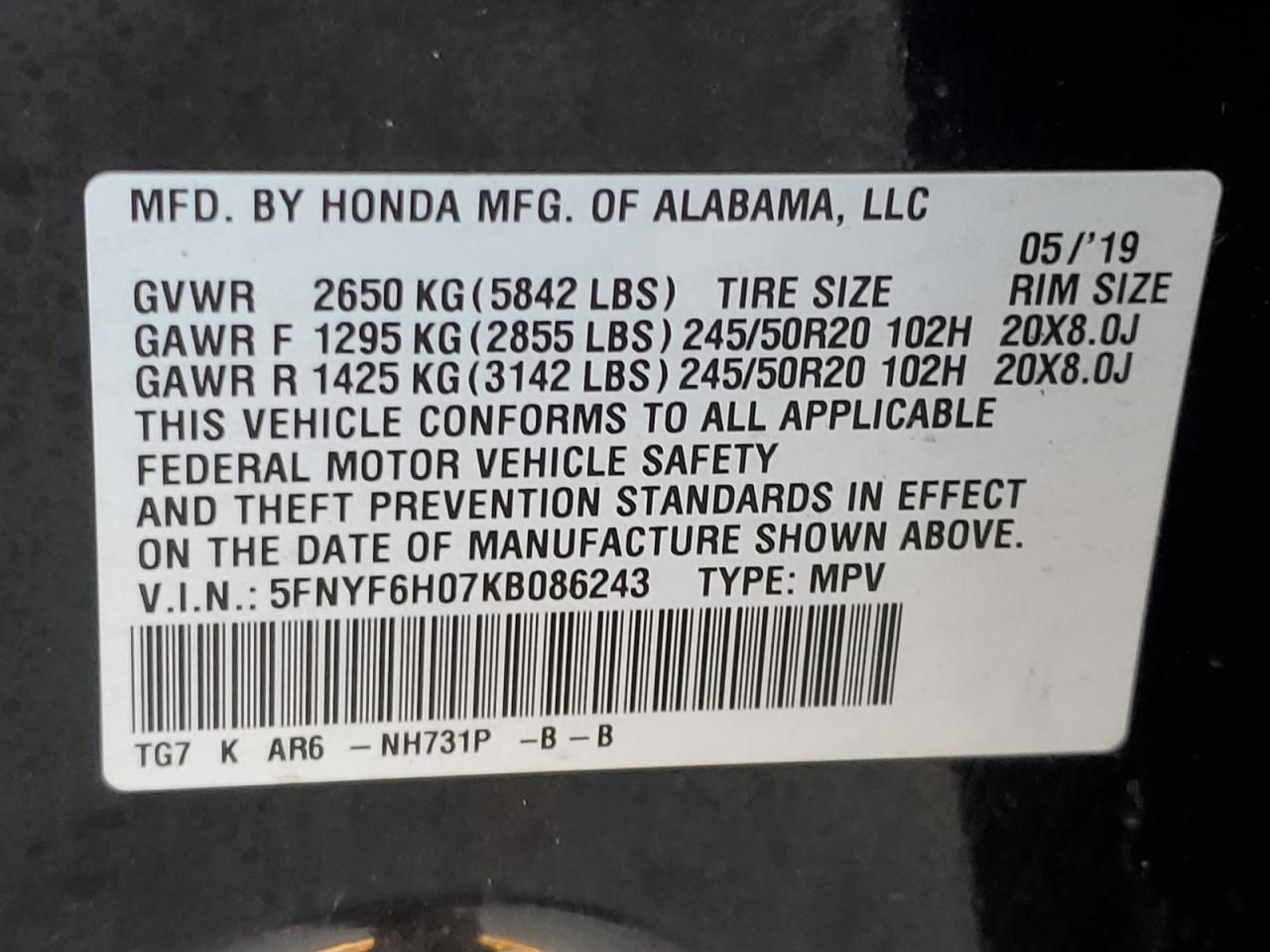 2019 Honda Pilot Elite VIN: 5FNYF6H07KB086243 Lot: 82694995