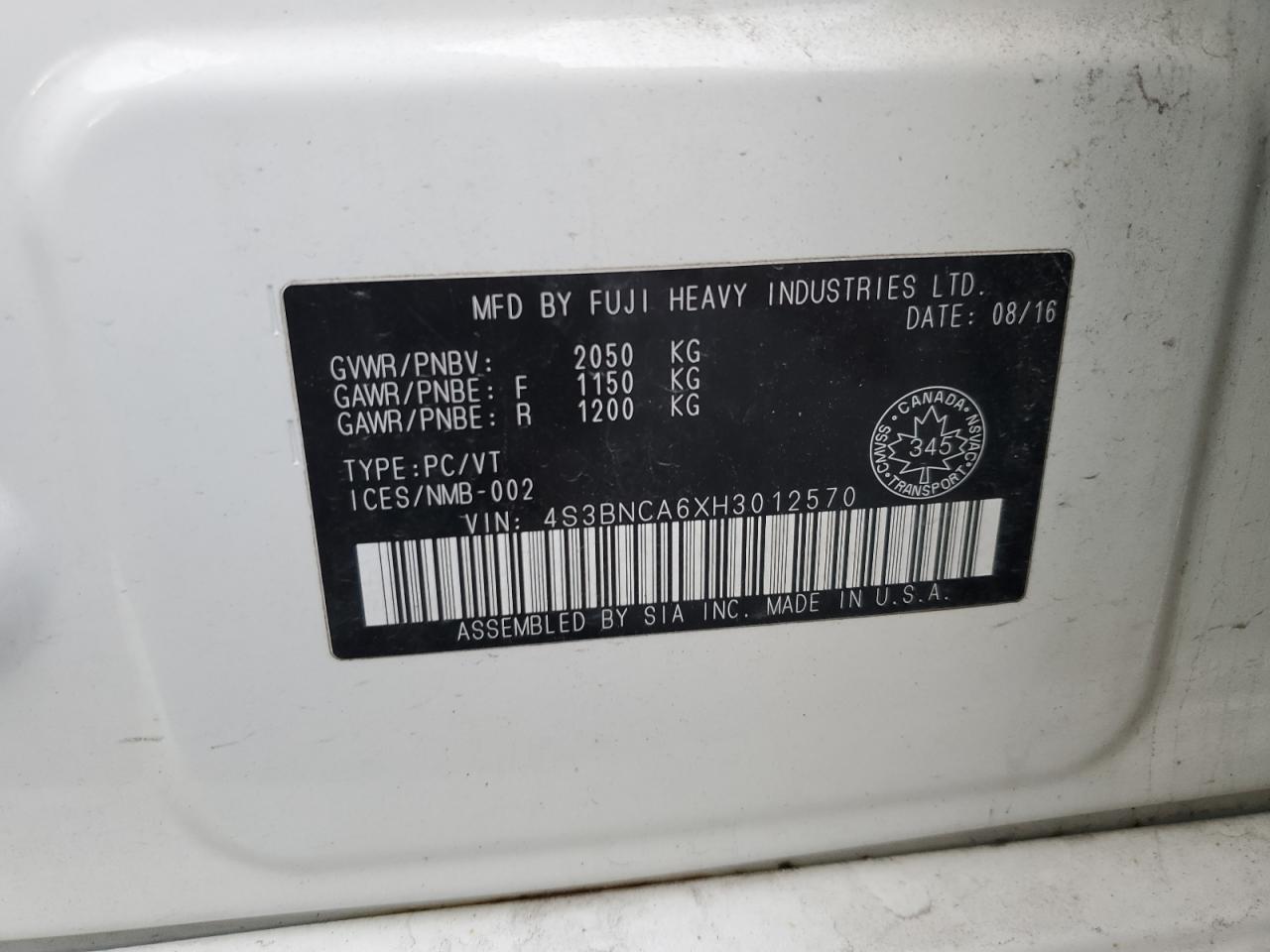 2017 Subaru Legacy 2.5I VIN: 4S3BNCA6XH3012570 Lot: 86616975