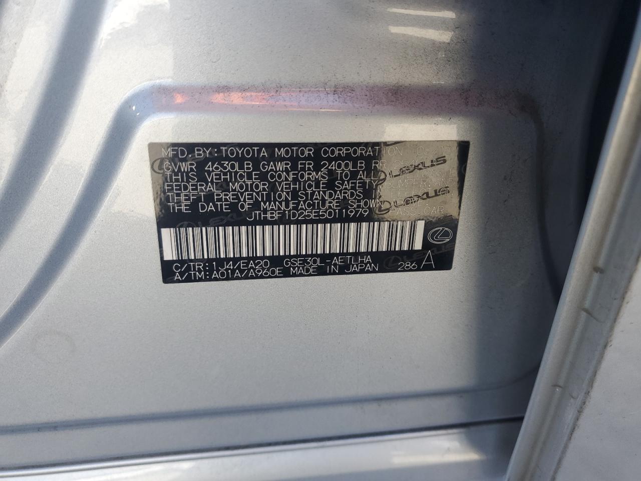 2014 Lexus Is 250 VIN: JTHBF1D25E5011979 Lot: 89640285