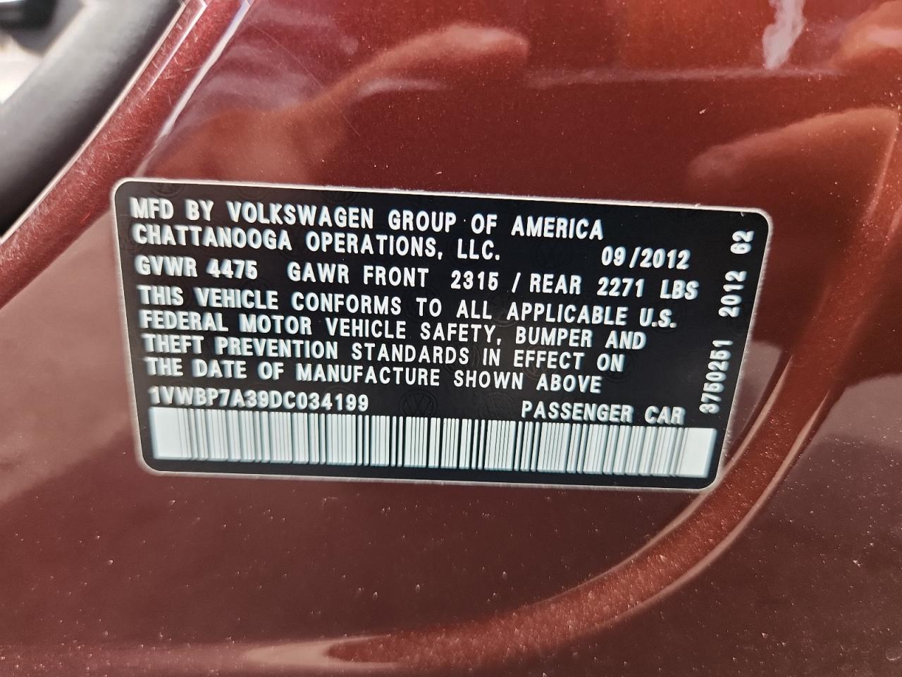 2013 Volkswagen Passat Se VIN: 1VWBP7A39DC034199 Lot: 85767695