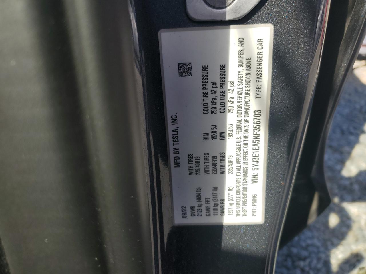 2022 Tesla Model 3 VIN: 5YJ3E1EA5NF356703 Lot: 86601785