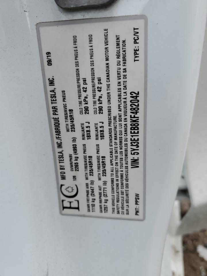 2019 Tesla Model 3 VIN: 5YJ3E1EB8KF482042 Lot: 86870435