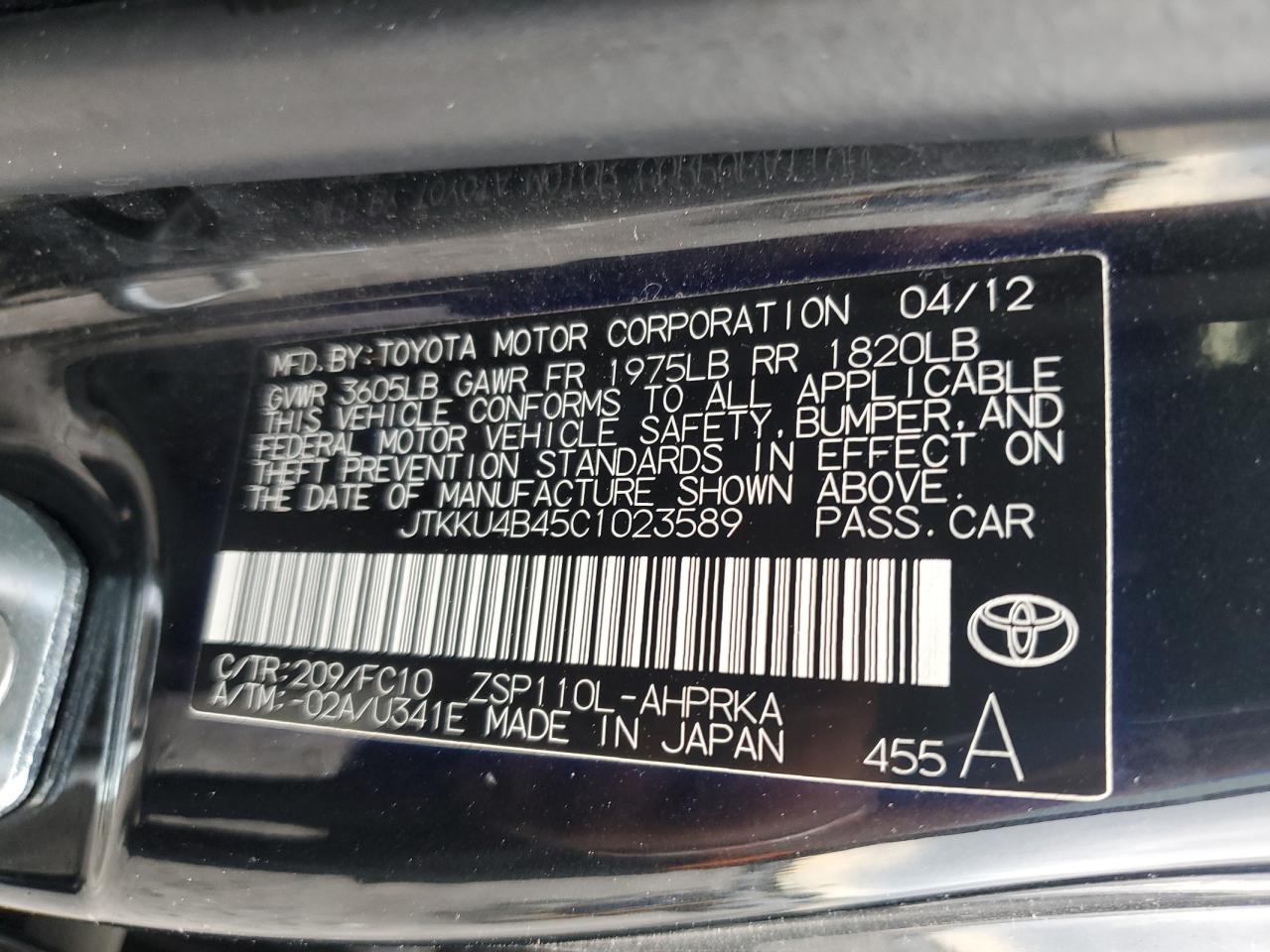 2012 Toyota Scion Xd VIN: JTKKU4B45C1023589 Lot: 86117135