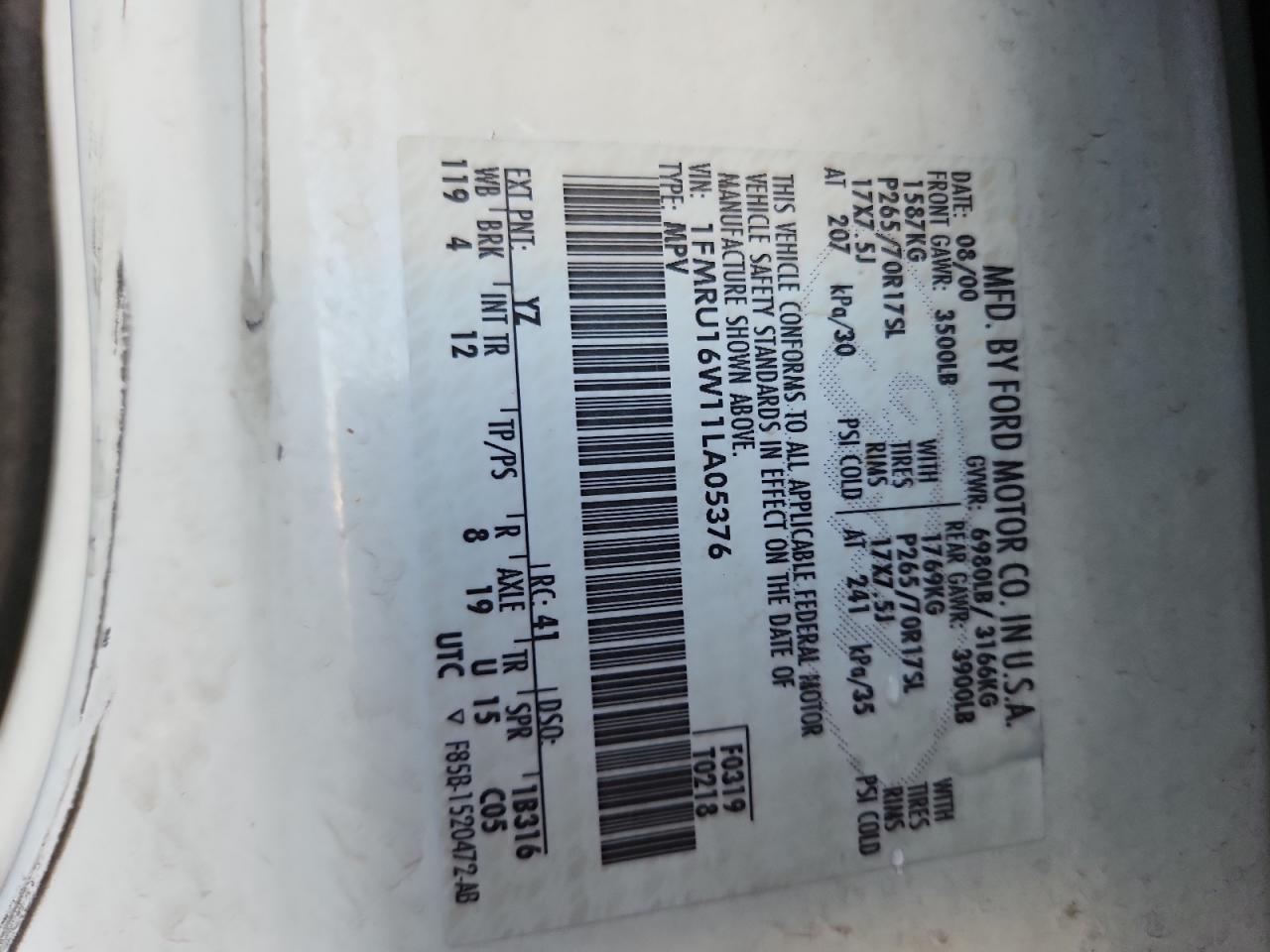 2001 Ford Expedition Xlt VIN: 1FMRU16W11LA05376 Lot: 90942475