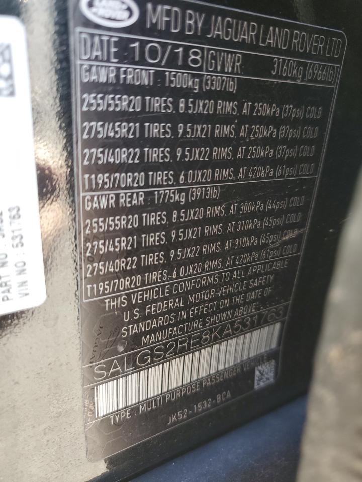 2019 Land Rover Range Rover Supercharged VIN: SALGS2RE8KA531763 Lot: 91005865