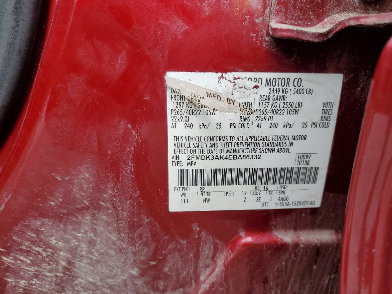 2014 Ford Edge Sport VIN: 2FMDK3AK4EBA86332 Lot: 82764885