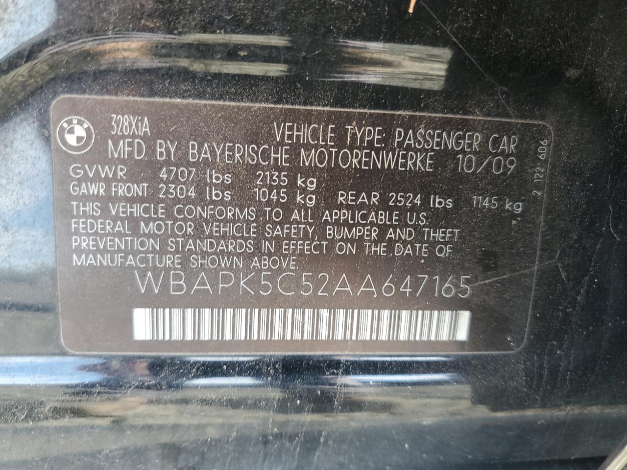 2010 BMW 328 Xi Sulev VIN: WBAPK5C52AA647165 Lot: 85121415